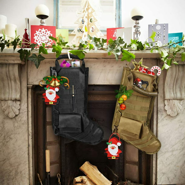 2 Pieces Tactical Christmas Stocking Military Stocking Bags with American Flag Patches Camo Stocking Christmas Ornaments EDC Molle Gear Pouch Hanging Xmas Decoration for Home Outdoor Activities 